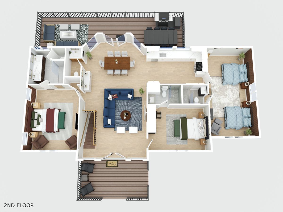 Rendered 3D floor plan of the main level of Rainier Retreat