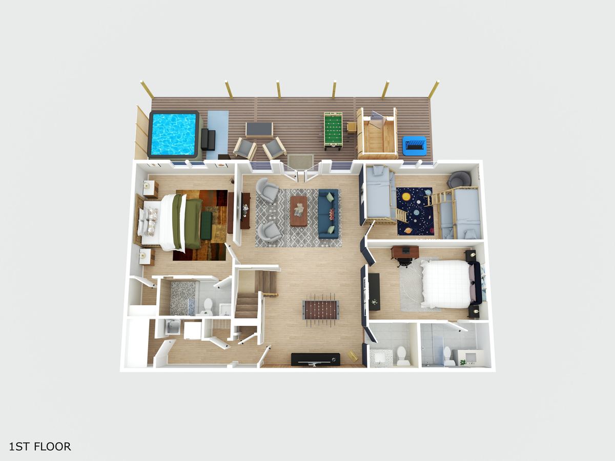 Rendered 3D floor plan of the lower level of Rainier Retreat with the hot tub deck