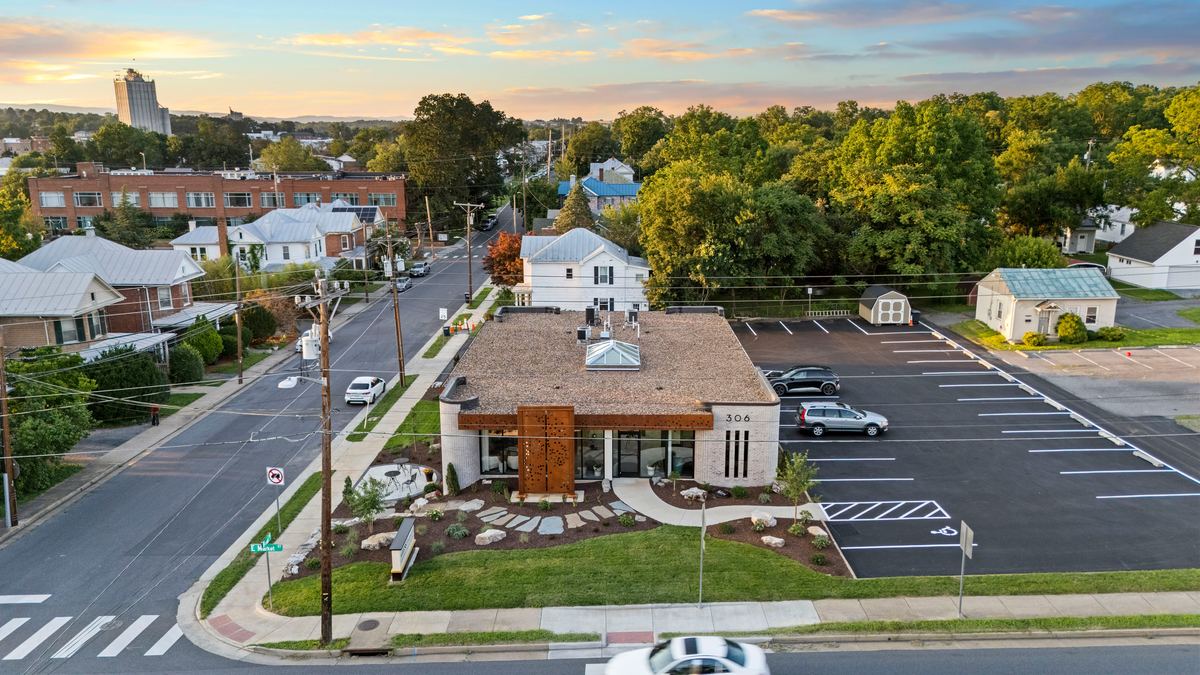 Aerial view of the Hess Financial office on its corner lot