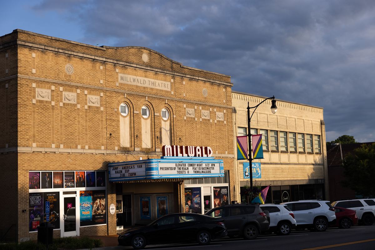 Millwald Theatre facade in Wytheville in low evening light with the marquee lit
