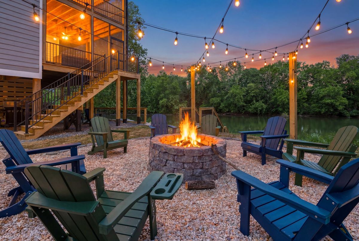 Fire pit under string lights at twilight beside the river