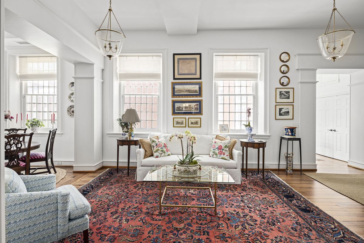 Living room with a gallery wall and tall windows, Staunton